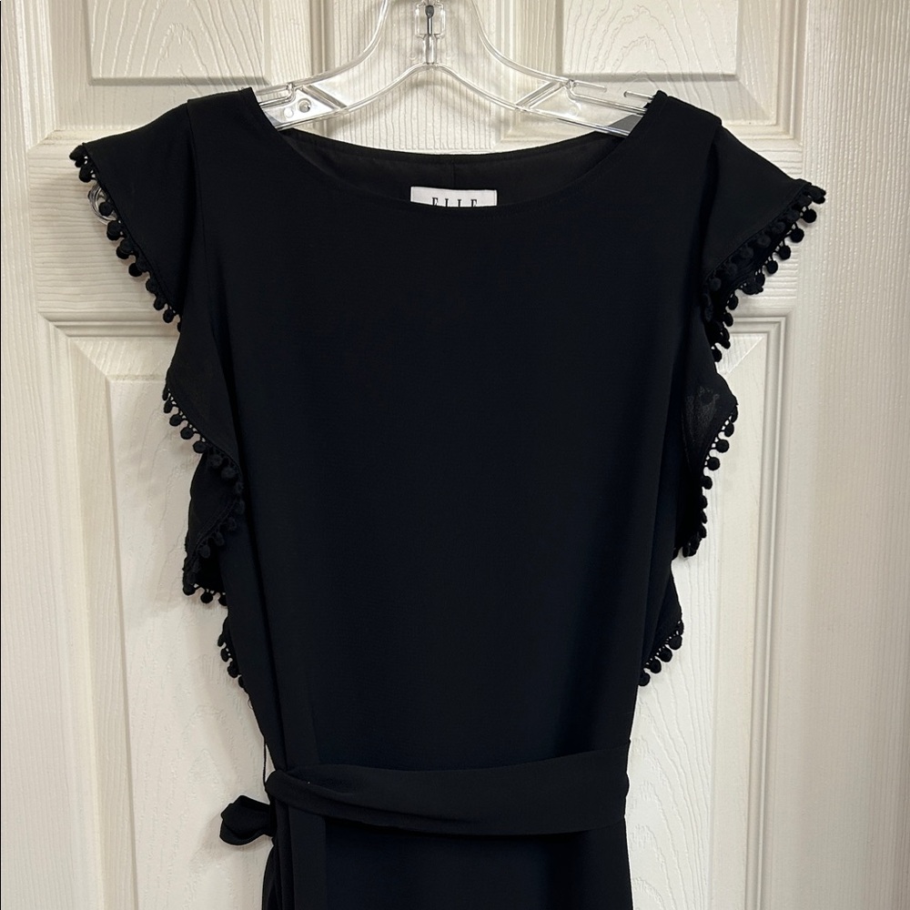 Elle Black Mini Dress with Pom-Pom Trim